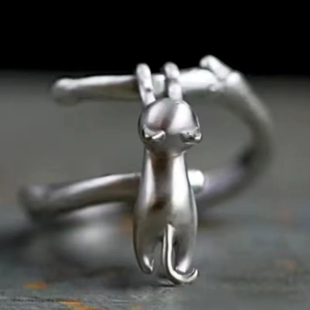 925 Silver Kitty Cat hanging from Branch Ring Sz 8